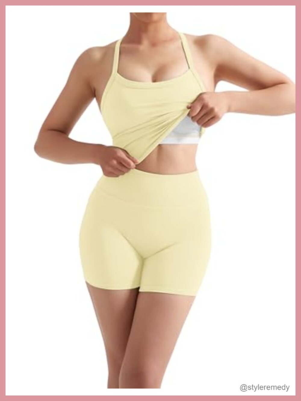2 Piece Workout Set High Waisted Biker Shorts Halter Tank Top Padded - Picture 3 of 6